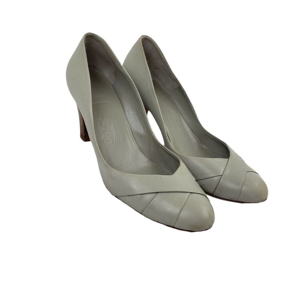 Salvatore Ferragamo Women's Gray Criss Cross Leather Pumps Sz 6.5 Wood 3…